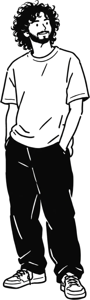 Illustration of Utsav: curly hair, beard, white tee, hands in his pockets