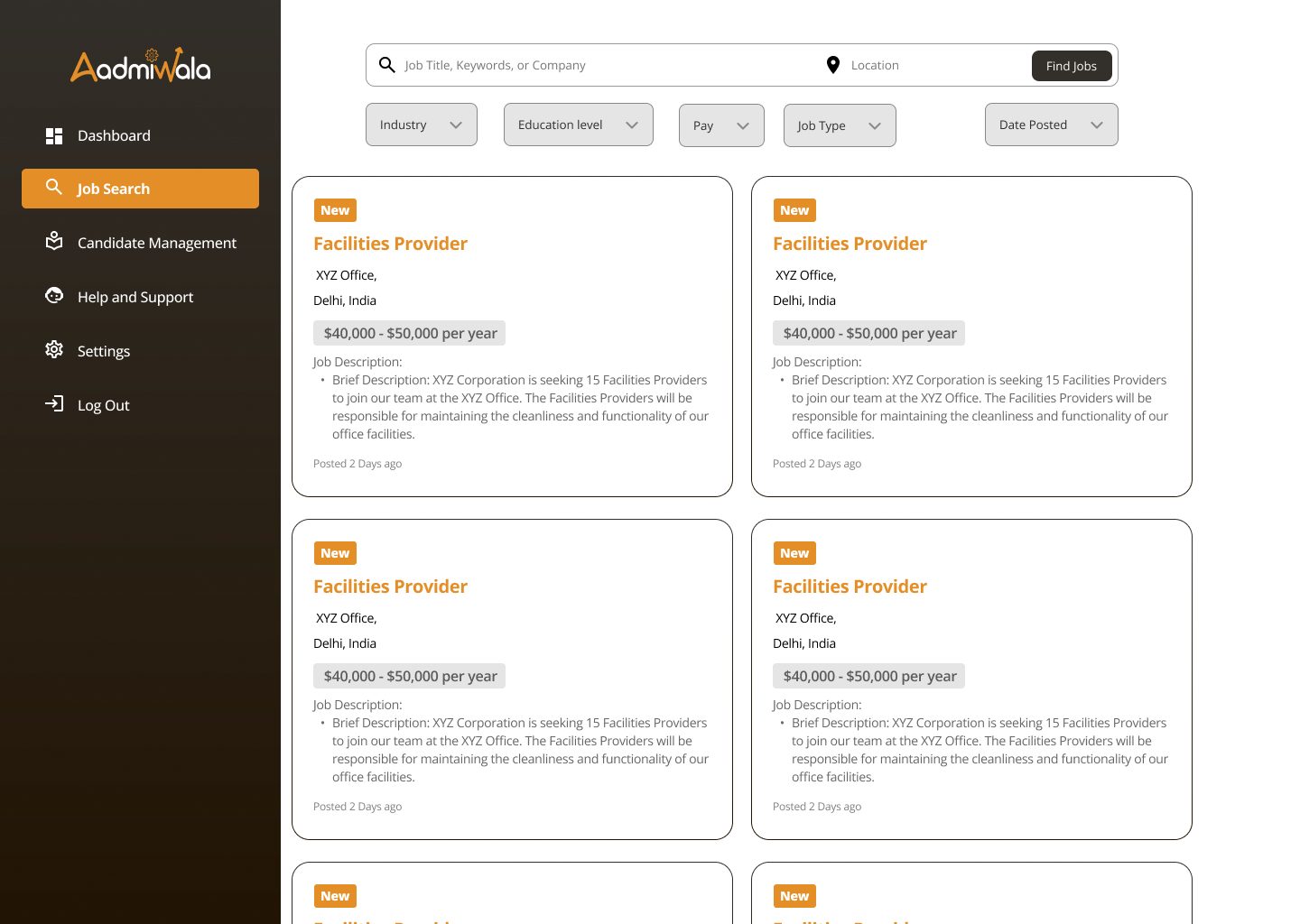 Job search with filters for industry, education level, pay, job type and date posted