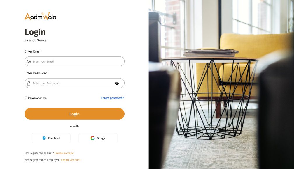 Aadmiwala login screen for job seekers, with links to create a Hub or Employer account
