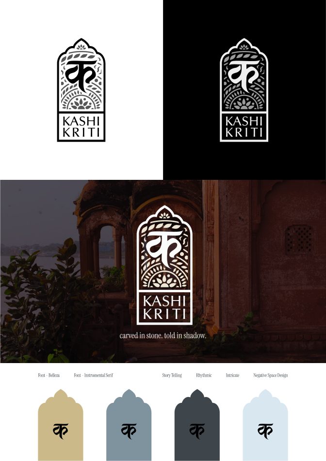 KASHIKRITI logo on white, black and a Varanasi photograph, with the palette