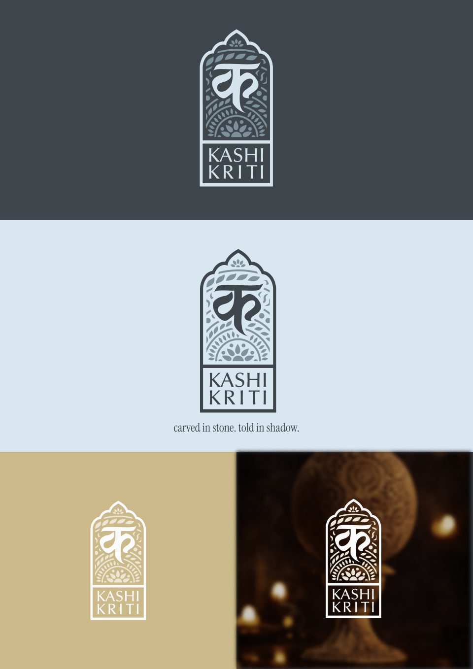 KASHIKRITI logo on slate, mist blue, sandstone and a lamp photograph