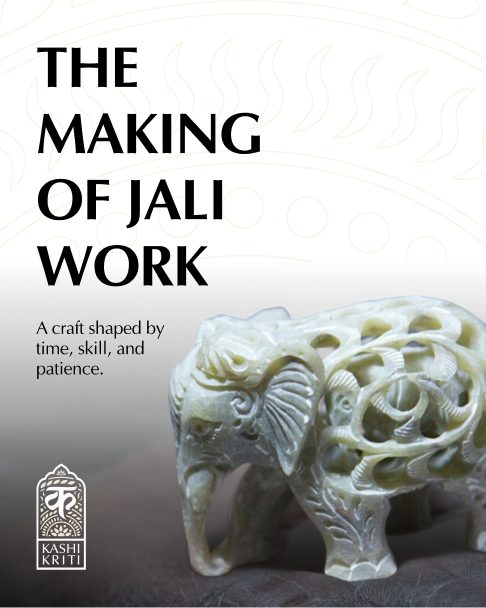 Social post: The making of jali work, with a carved stone elephant