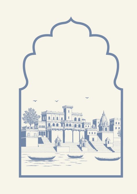 Packaging panel with a line drawing of the Varanasi ghats inside an arch