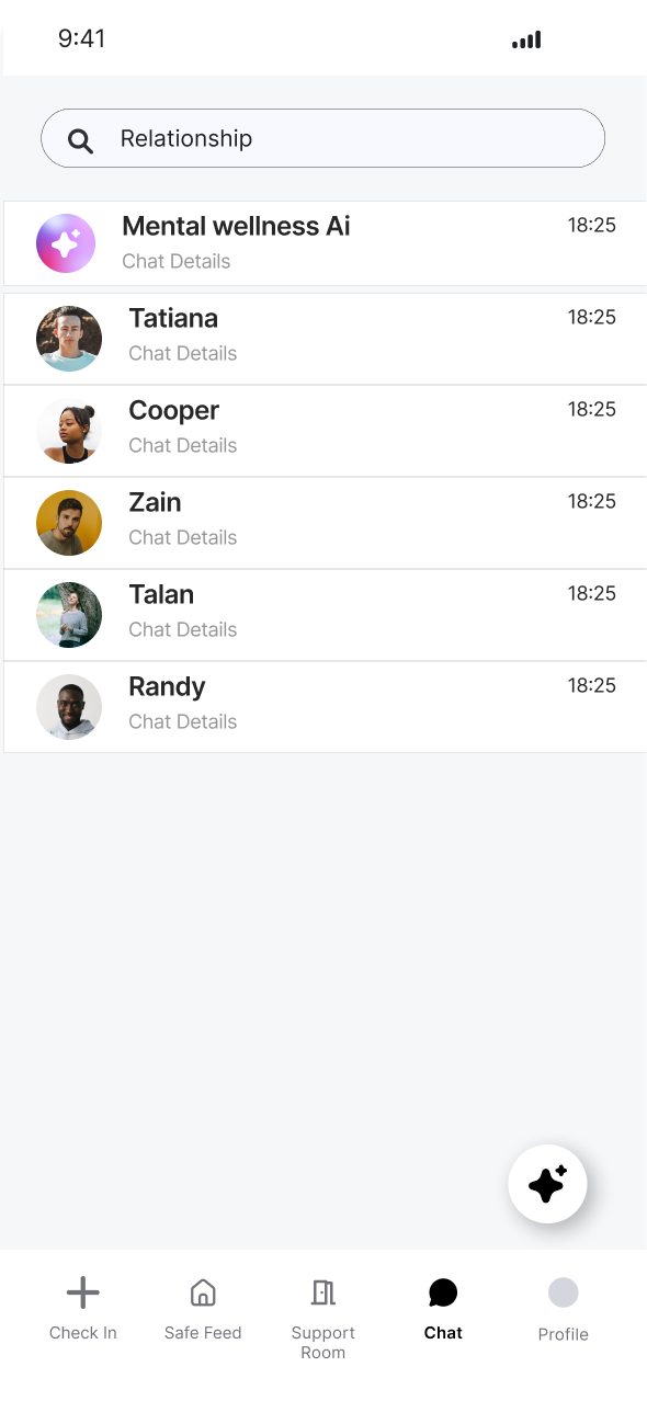 Chat list with a mental wellness AI and people