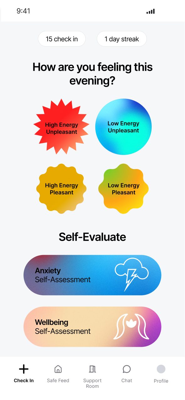 Check-in screen asking how you feel this evening, with four mood shapes and self-assessment links