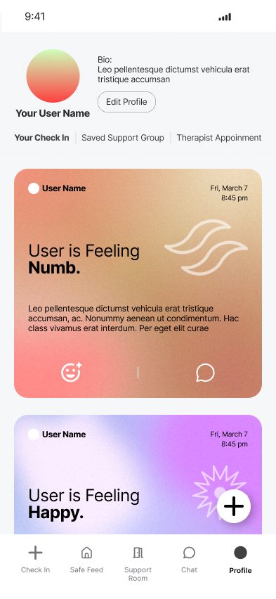 Profile with check-ins, saved support groups and therapist appointments