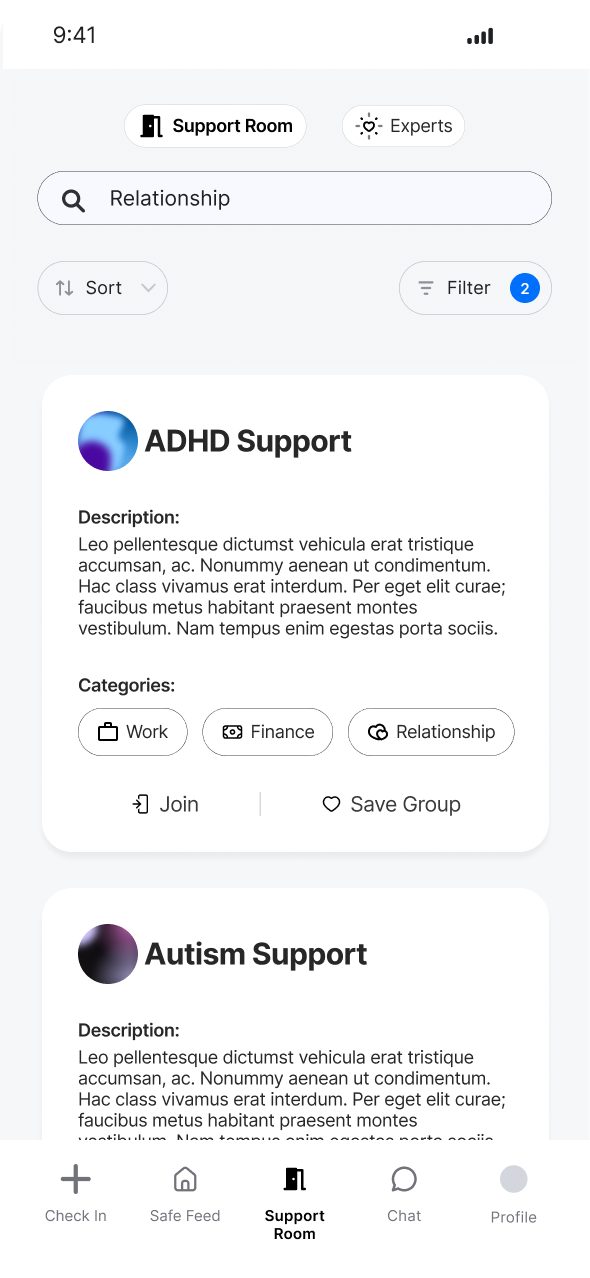 Support Room listing peer groups with categories, join and save buttons